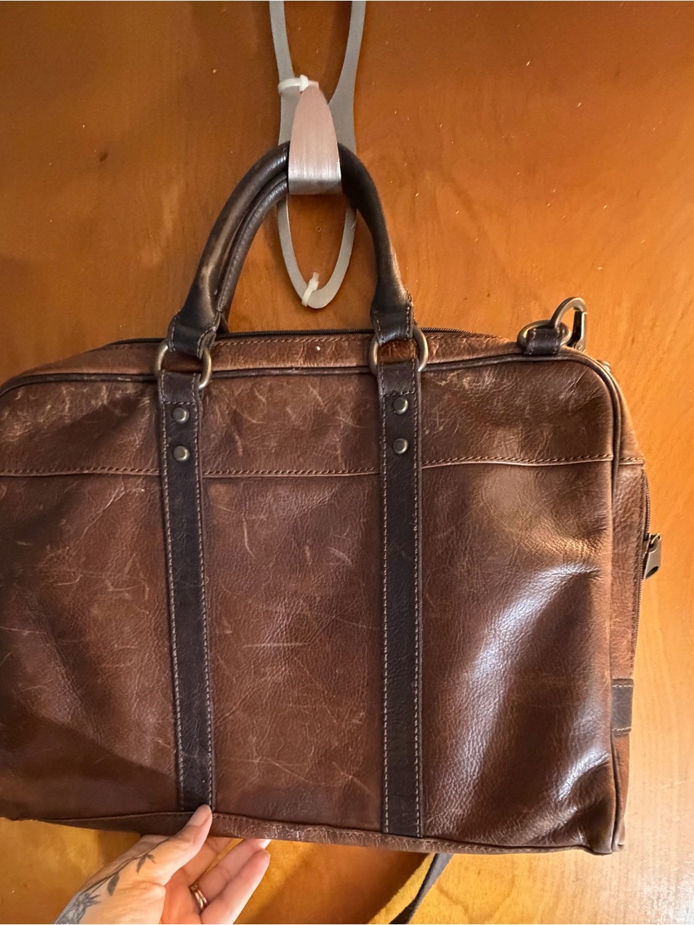 Fossil Brown Leather Briefcase with Dark Brown Accents